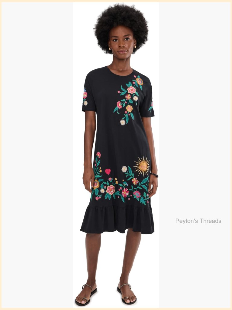 Ruffle Hem Knit Midi Dress - Floral Embroidery - Pull On